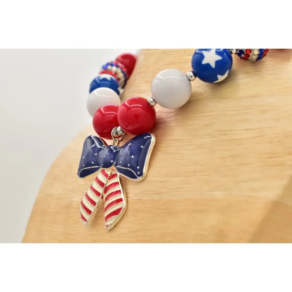 Statement Necklace American Flag Star Red White Blue Beaded 4th July USA BinA17
